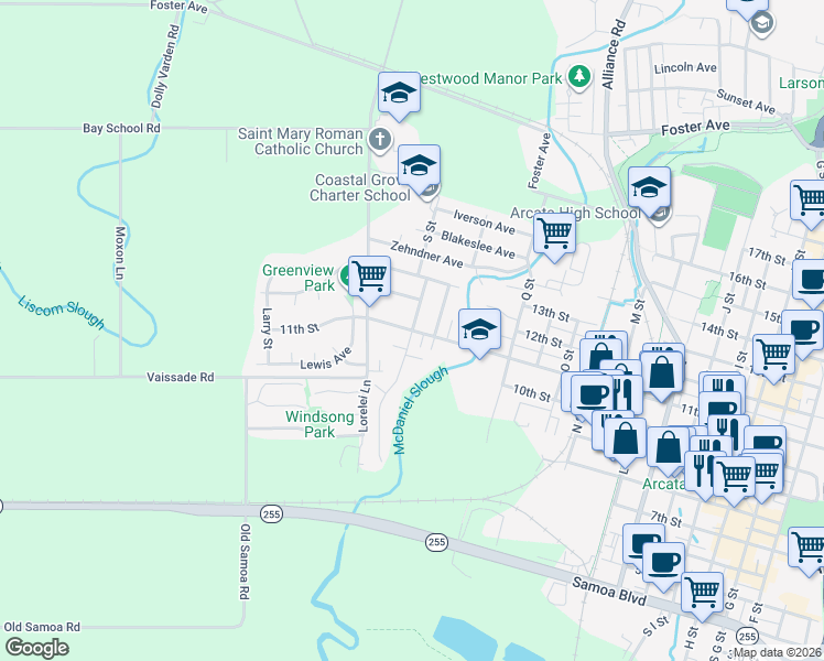 map of restaurants, bars, coffee shops, grocery stores, and more near 1943 11th Street in Arcata