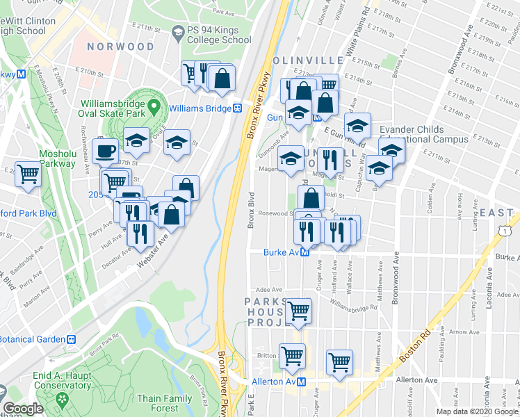 map of restaurants, bars, coffee shops, grocery stores, and more near 637 Rosewood Street in Bronx