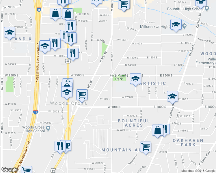 map of restaurants, bars, coffee shops, grocery stores, and more near 1573 South Main Street in Bountiful