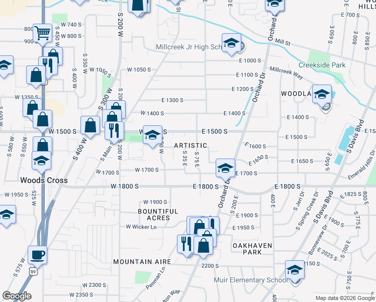 map of restaurants, bars, coffee shops, grocery stores, and more near 1619 South 35 East in Bountiful