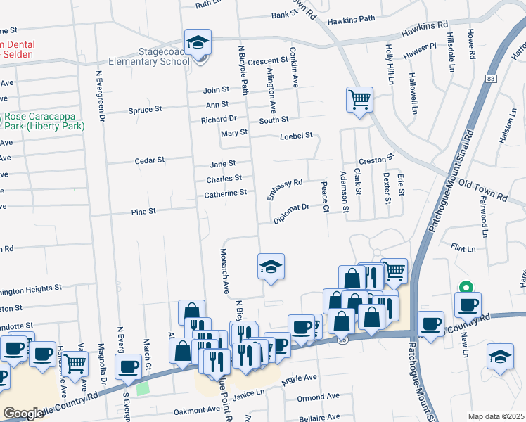 map of restaurants, bars, coffee shops, grocery stores, and more near 110 North Bicycle Path in Selden
