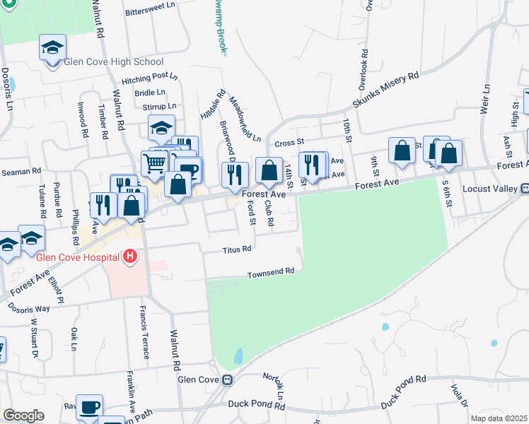 map of restaurants, bars, coffee shops, grocery stores, and more near 12 Club Road in Glen Cove