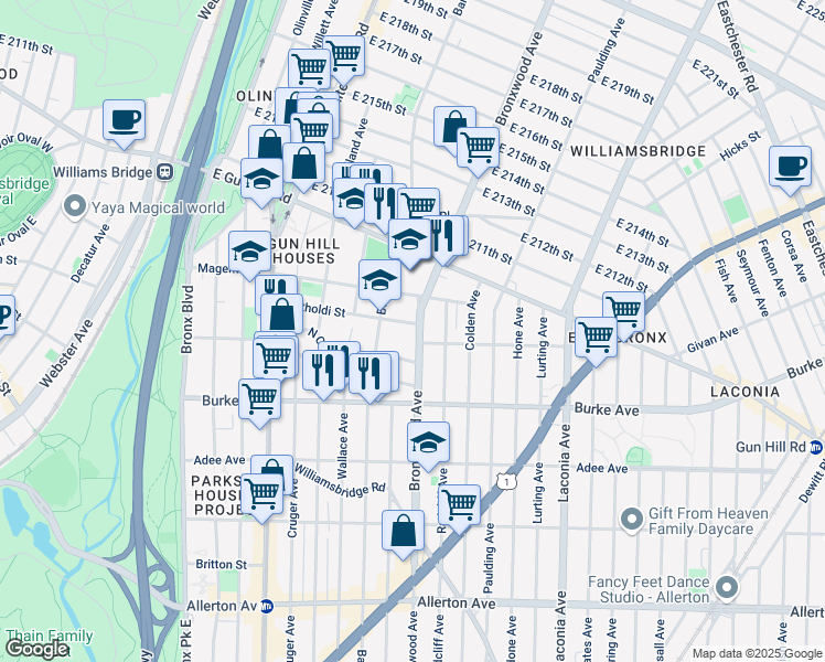 map of restaurants, bars, coffee shops, grocery stores, and more near 3309 Bronxwood Avenue in Bronx