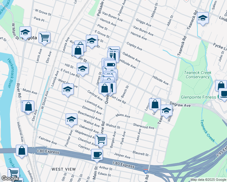 map of restaurants, bars, coffee shops, grocery stores, and more near 290 Hickory Street in Teaneck