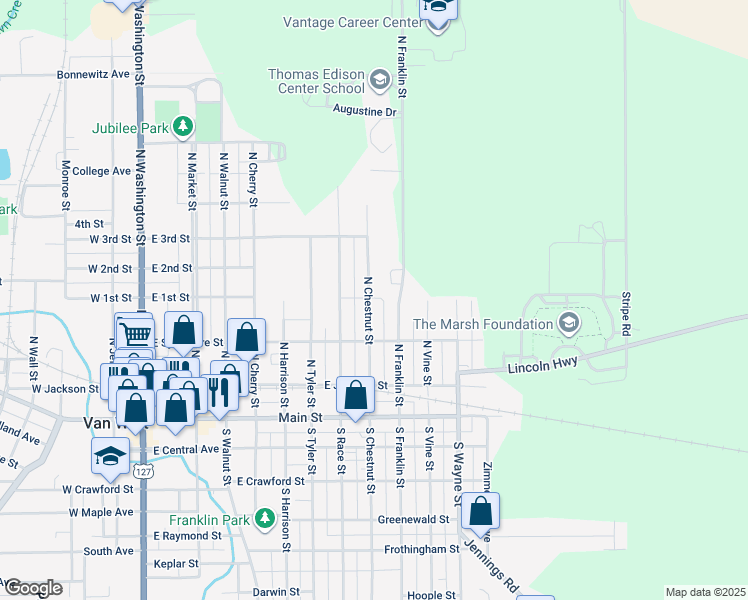 map of restaurants, bars, coffee shops, grocery stores, and more near 340 North Chestnut Street in Van Wert