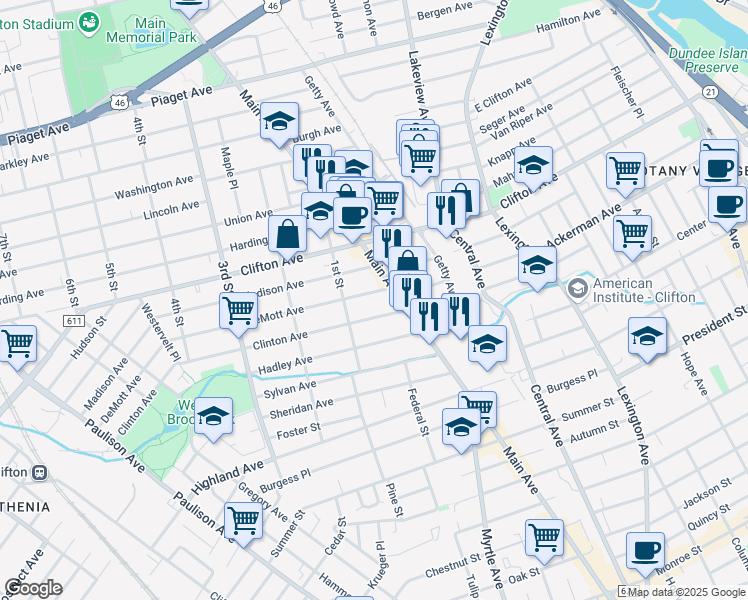 map of restaurants, bars, coffee shops, grocery stores, and more near 19 DeMott Avenue in Clifton