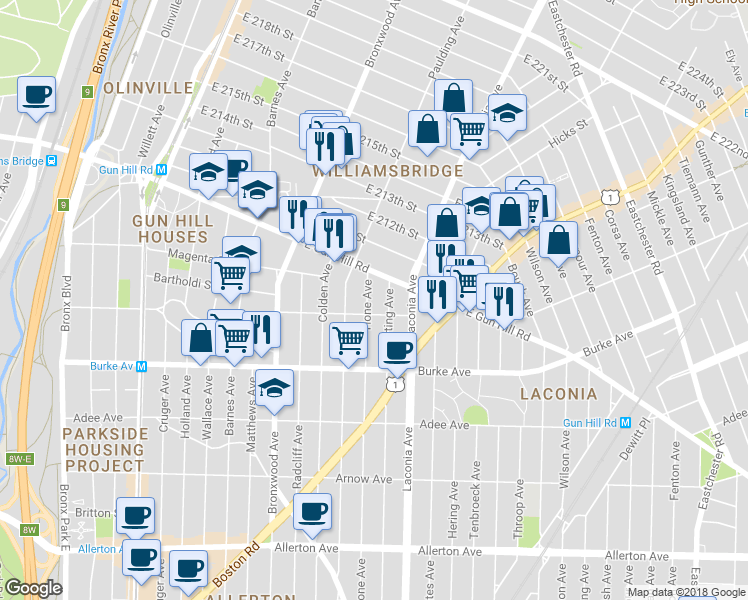 map of restaurants, bars, coffee shops, grocery stores, and more near 3320 Hone Avenue in Bronx