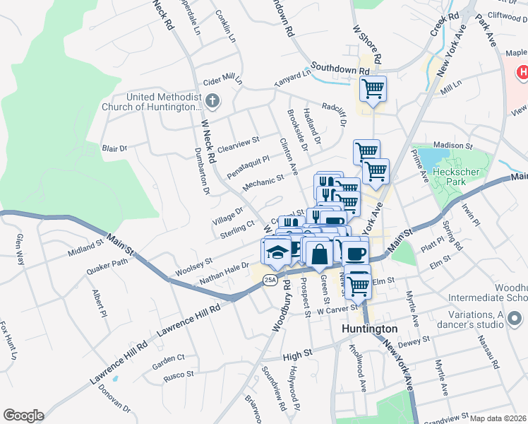 map of restaurants, bars, coffee shops, grocery stores, and more near 25 West Neck Court in Huntington