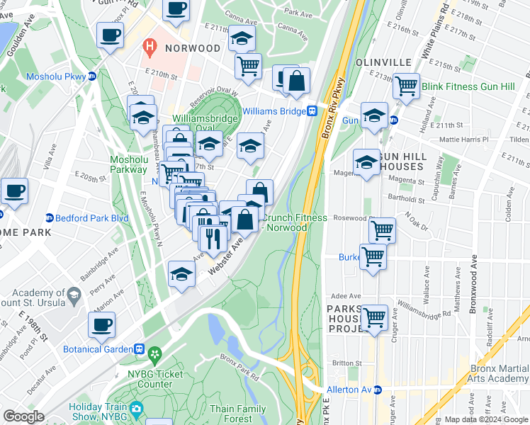 map of restaurants, bars, coffee shops, grocery stores, and more near 3204 Webster Avenue in Bronx