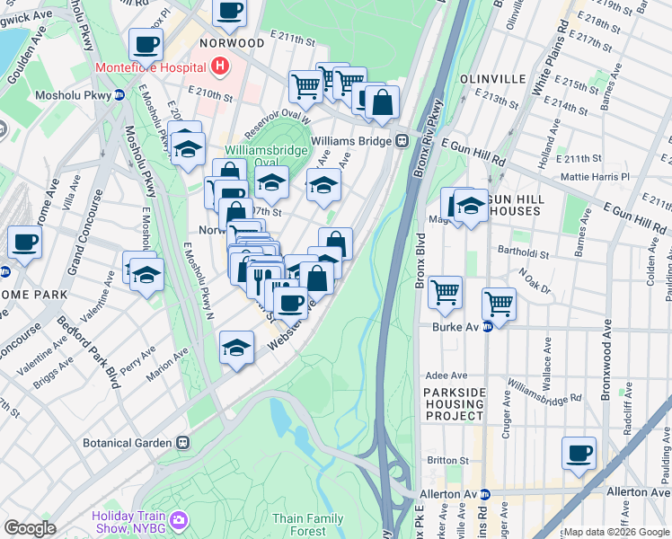 map of restaurants, bars, coffee shops, grocery stores, and more near in The Bronx