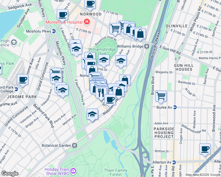 map of restaurants, bars, coffee shops, grocery stores, and more near in The Bronx