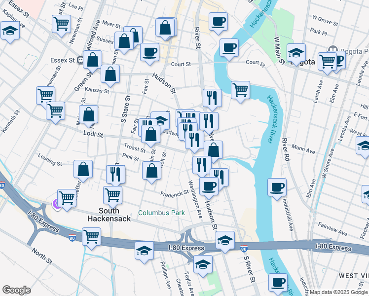 map of restaurants, bars, coffee shops, grocery stores, and more near 8 Lodi Street in Hackensack