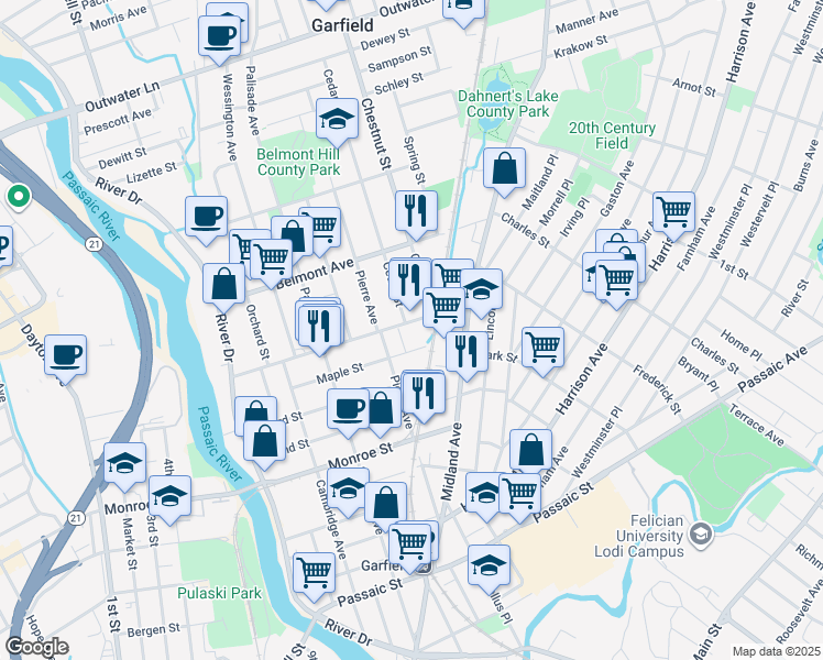 map of restaurants, bars, coffee shops, grocery stores, and more near 160 Van Winkle Avenue in Garfield