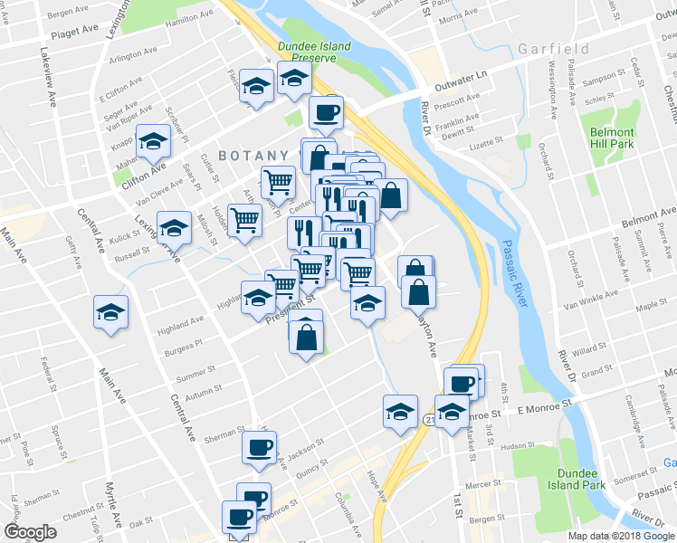 map of restaurants, bars, coffee shops, grocery stores, and more near 13A Allen Street in Passaic