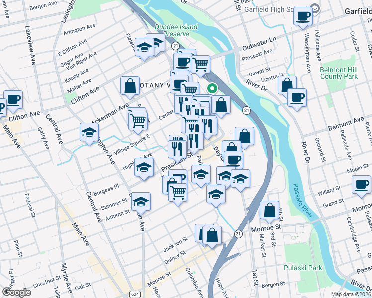 map of restaurants, bars, coffee shops, grocery stores, and more near 13A Allen Street in Passaic