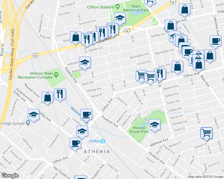 map of restaurants, bars, coffee shops, grocery stores, and more near 10 Hobart Place in Clifton