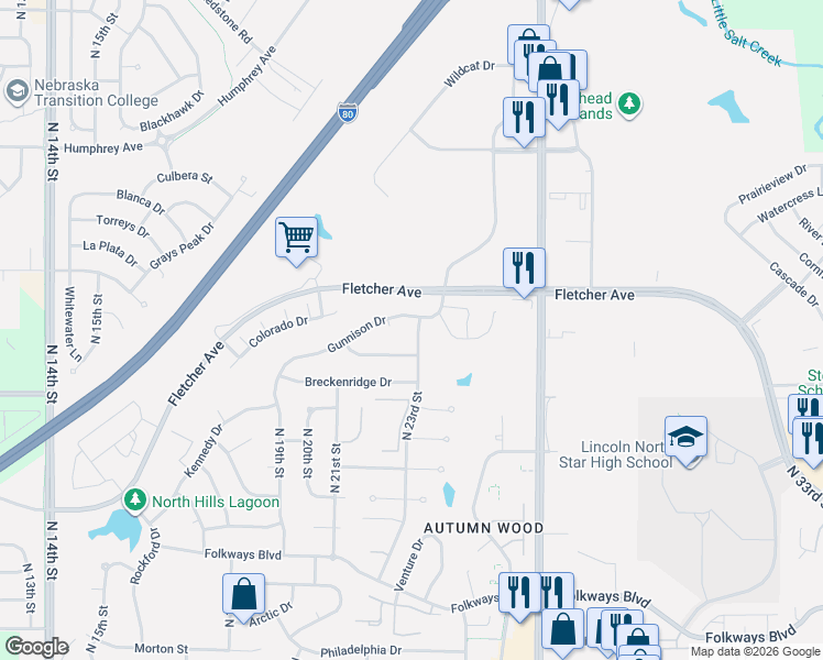 map of restaurants, bars, coffee shops, grocery stores, and more near 5971 North 23rd Street in Lincoln