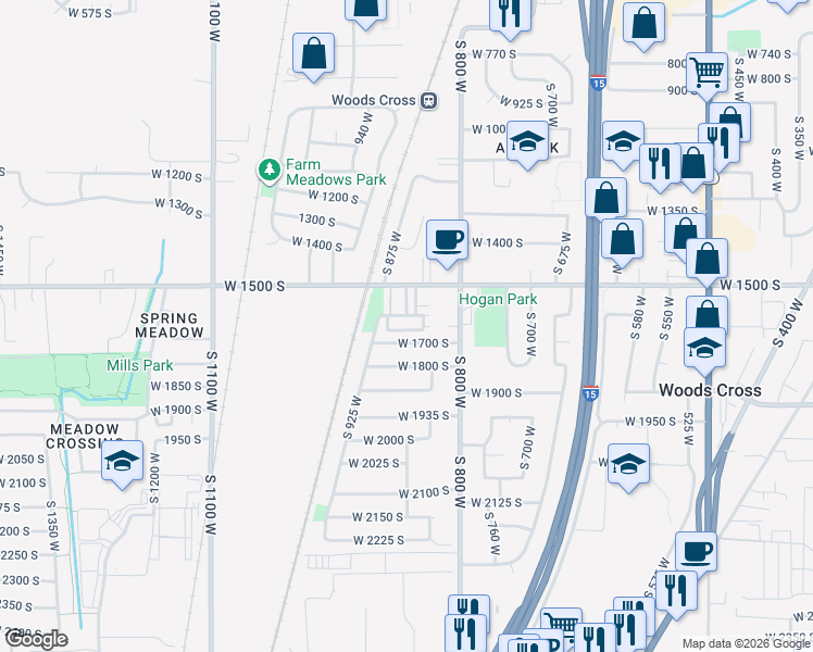 map of restaurants, bars, coffee shops, grocery stores, and more near 867 West 1600 South in Woods Cross