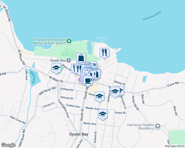 map of restaurants, bars, coffee shops, grocery stores, and more near 60 South Street in Oyster Bay