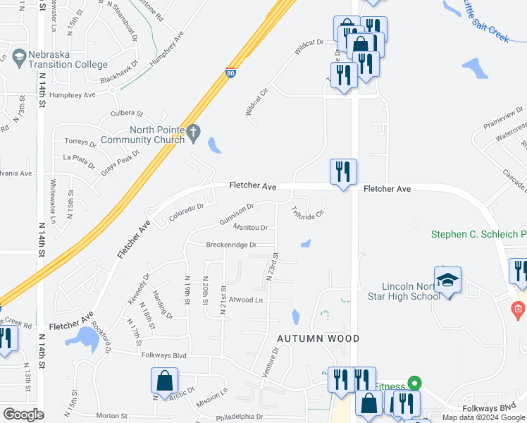 map of restaurants, bars, coffee shops, grocery stores, and more near 5970 Gunnison Court in Lincoln