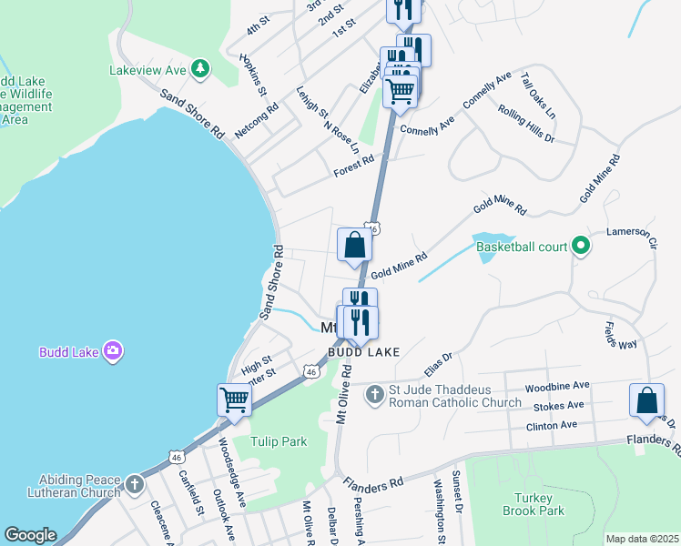 map of restaurants, bars, coffee shops, grocery stores, and more near 11 New Street in Mount Olive