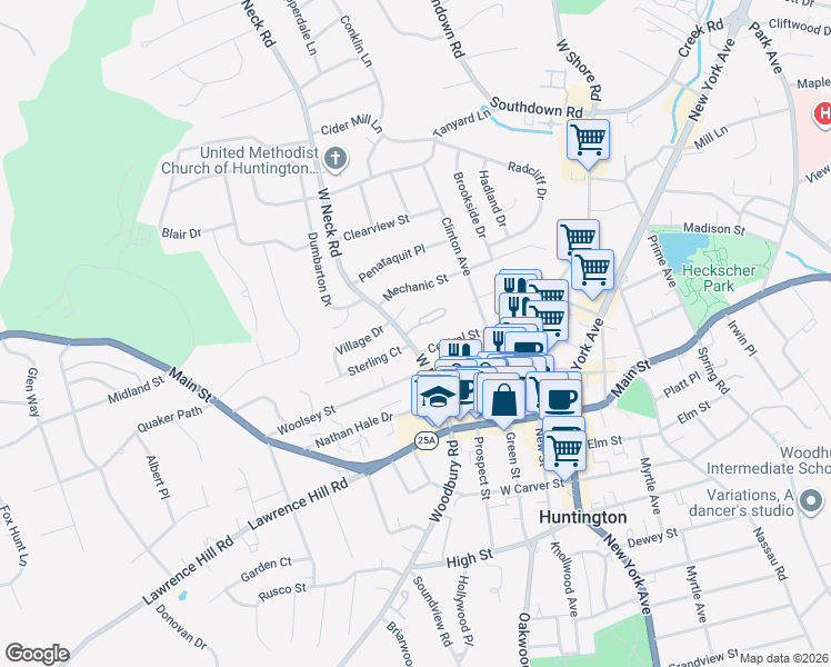 map of restaurants, bars, coffee shops, grocery stores, and more near 25 West Neck Court in Huntington