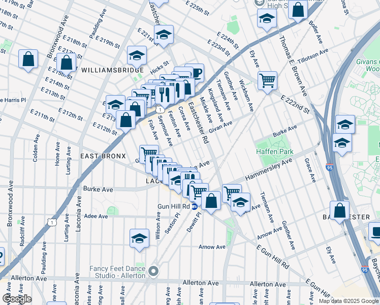 map of restaurants, bars, coffee shops, grocery stores, and more near 3232 Fenton Avenue in Bronx