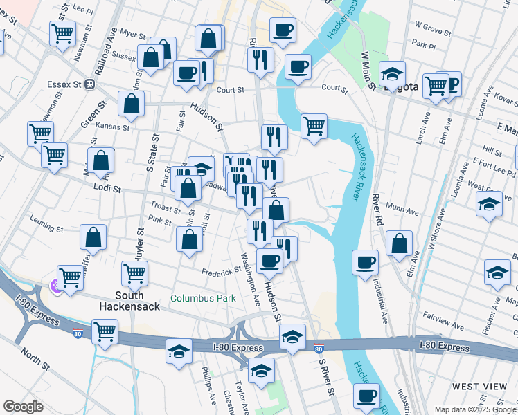 map of restaurants, bars, coffee shops, grocery stores, and more near 4 Marion Street in Hackensack