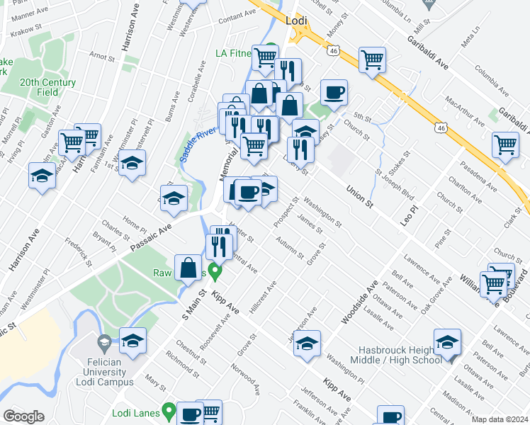 map of restaurants, bars, coffee shops, grocery stores, and more near 46 Spring Street in Lodi