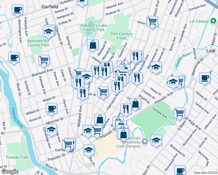 map of restaurants, bars, coffee shops, grocery stores, and more near 107 Frederick Street in Garfield