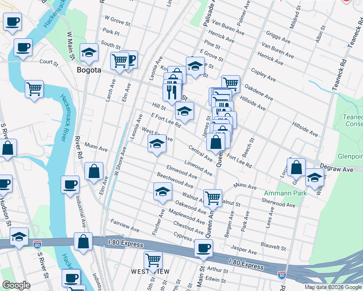 map of restaurants, bars, coffee shops, grocery stores, and more near 140 Central Ave in Bogota