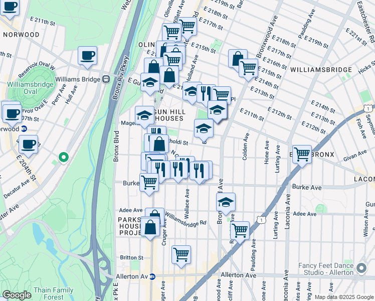 map of restaurants, bars, coffee shops, grocery stores, and more near 3325 Wallace Avenue in Bronx