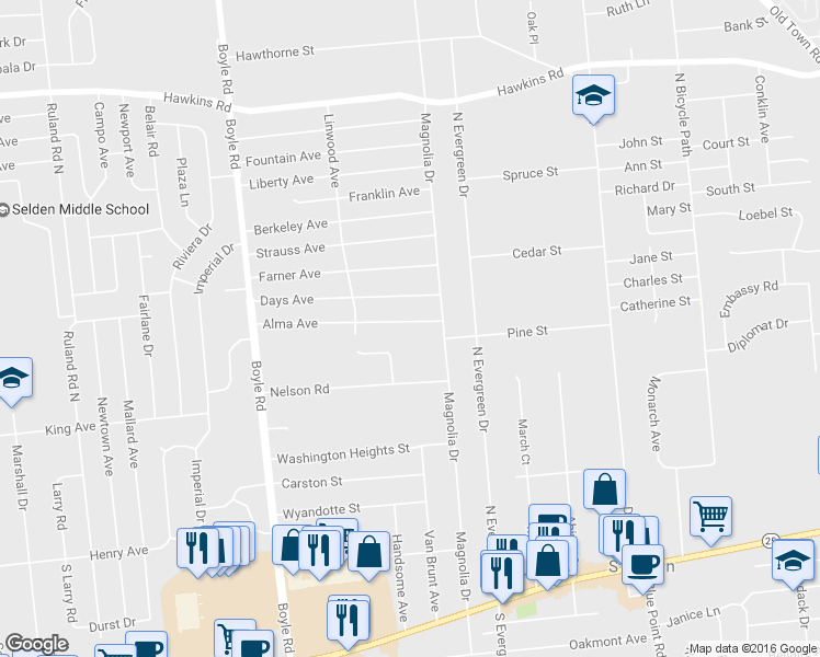 map of restaurants, bars, coffee shops, grocery stores, and more near 14 Alma Avenue in Selden