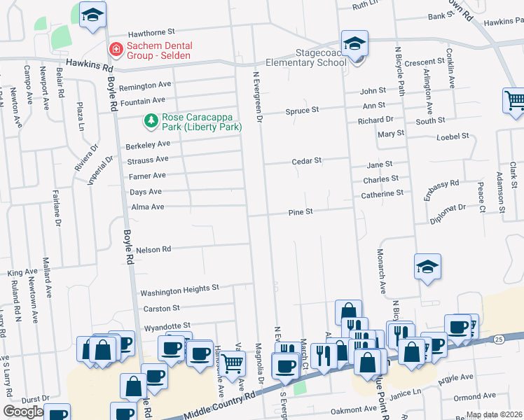 map of restaurants, bars, coffee shops, grocery stores, and more near 49 Pine Street in Selden