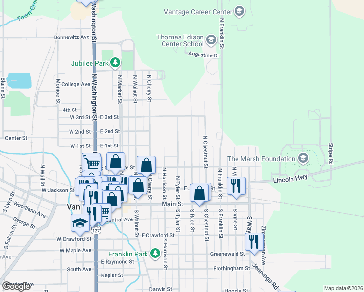 map of restaurants, bars, coffee shops, grocery stores, and more near 341 North Tyler Street in Van Wert