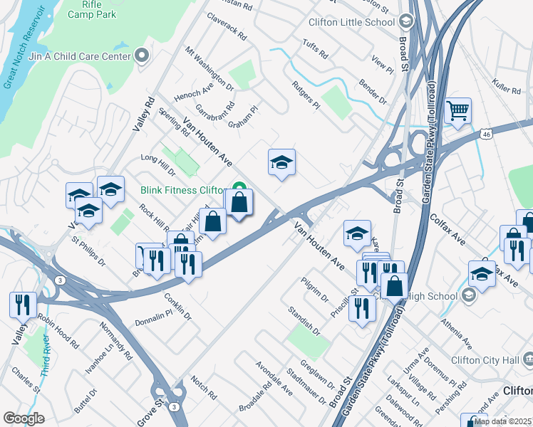 map of restaurants, bars, coffee shops, grocery stores, and more near 1401 Van Houten Avenue in Clifton