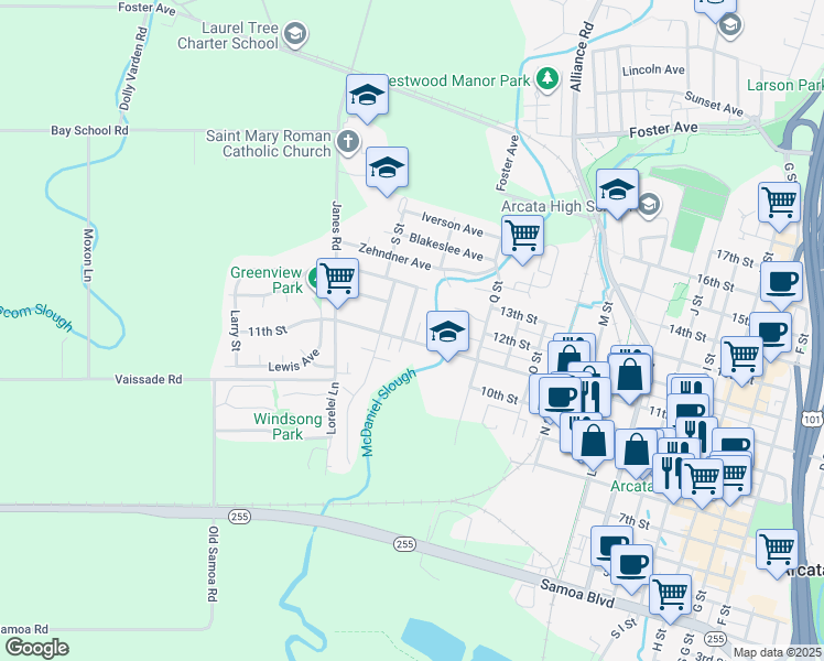 map of restaurants, bars, coffee shops, grocery stores, and more near 1120 Austin Way in Arcata