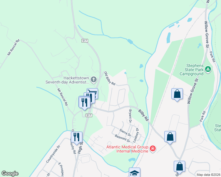map of restaurants, bars, coffee shops, grocery stores, and more near 141 Wingate Dr in Hackettstown
