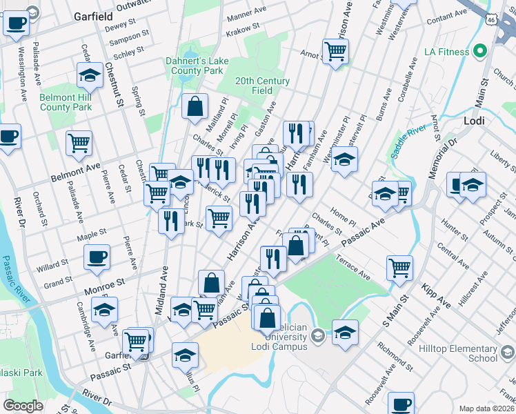 map of restaurants, bars, coffee shops, grocery stores, and more near 209 Harrison Avenue in Garfield