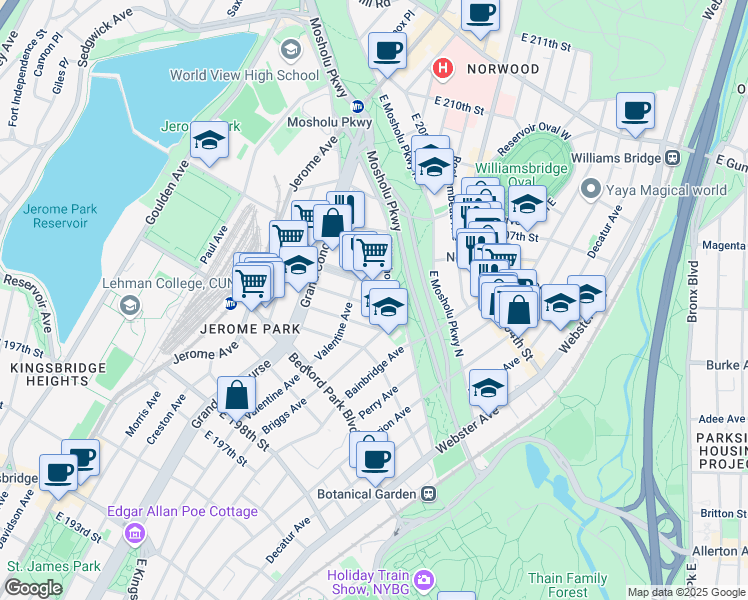 map of restaurants, bars, coffee shops, grocery stores, and more near 265 East 203rd Street in Bronx