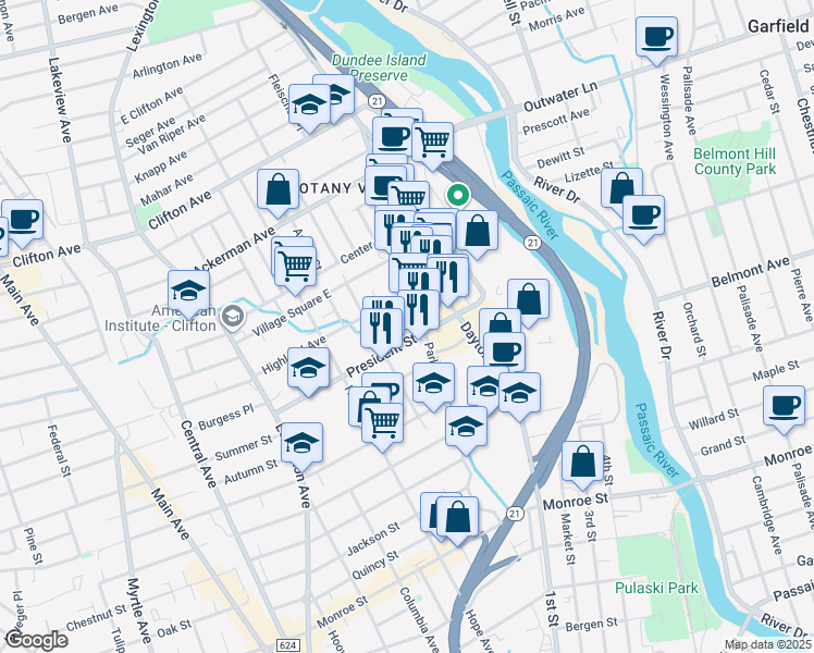 map of restaurants, bars, coffee shops, grocery stores, and more near 13A Allen Street in Passaic