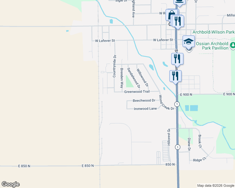 map of restaurants, bars, coffee shops, grocery stores, and more near 601 Greenwood Trail in Ossian