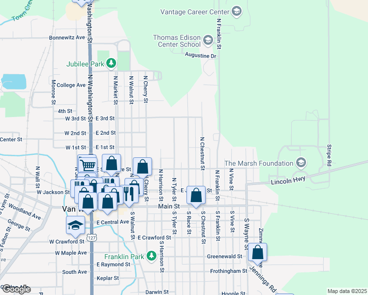 map of restaurants, bars, coffee shops, grocery stores, and more near 343 North Race Street in Van Wert