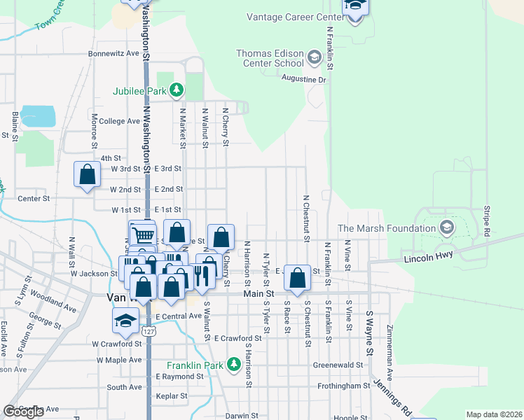 map of restaurants, bars, coffee shops, grocery stores, and more near 341 North Tyler Street in Van Wert