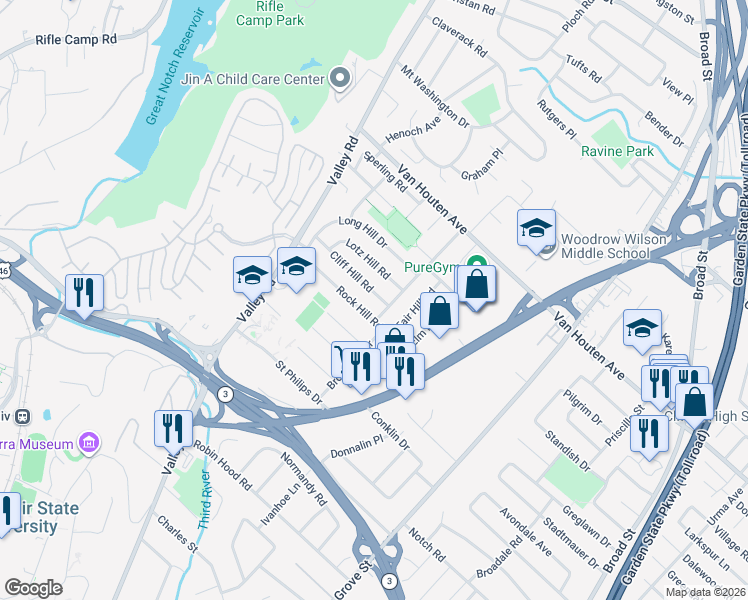map of restaurants, bars, coffee shops, grocery stores, and more near 13 Cliff Hill Road in Clifton