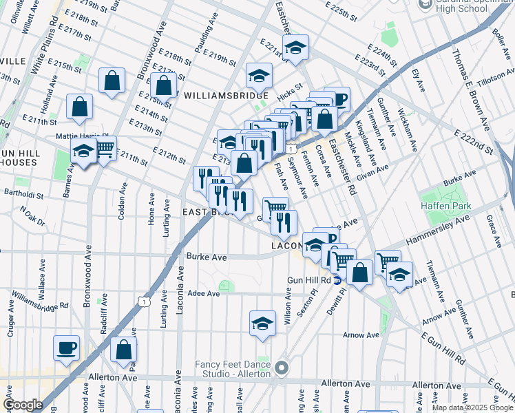 map of restaurants, bars, coffee shops, grocery stores, and more near 3317 Bouck Avenue in Bronx