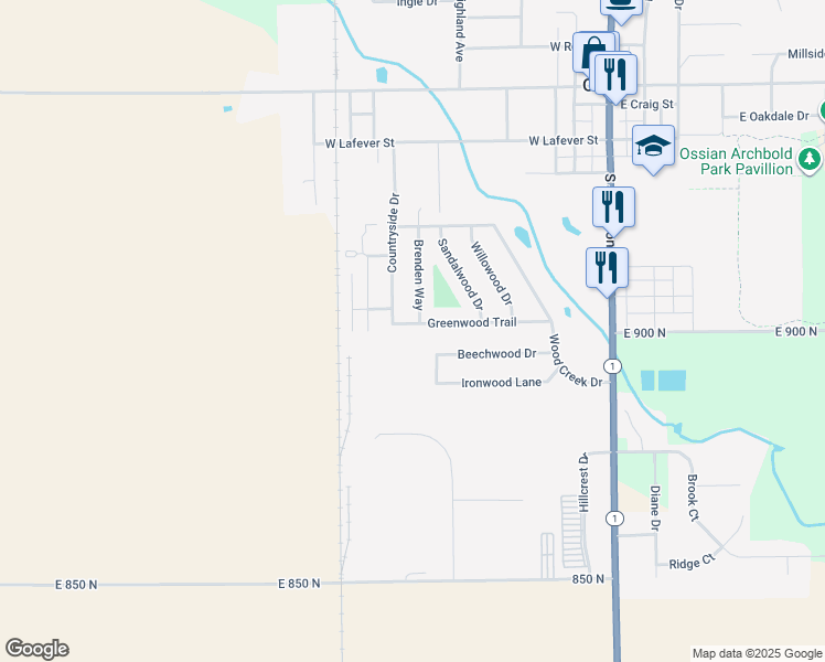 map of restaurants, bars, coffee shops, grocery stores, and more near 601 Greenwood Trail in Ossian