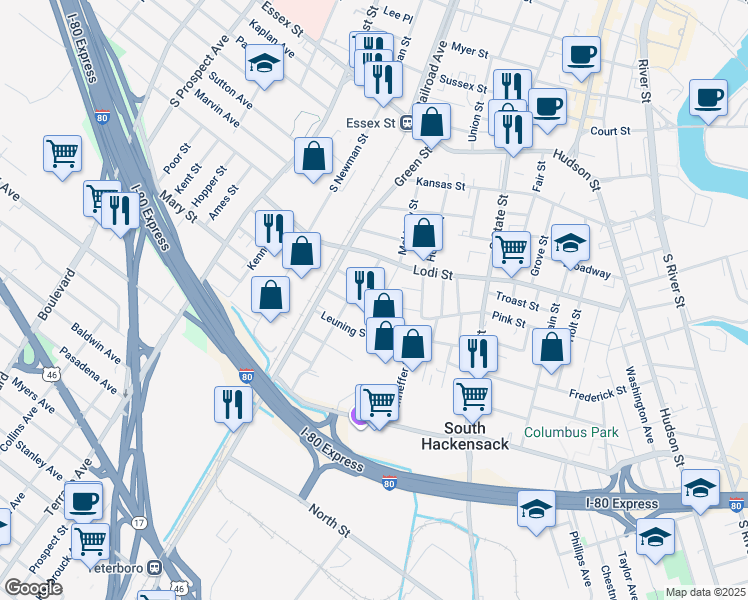 map of restaurants, bars, coffee shops, grocery stores, and more near 161 Liberty Street in Hackensack