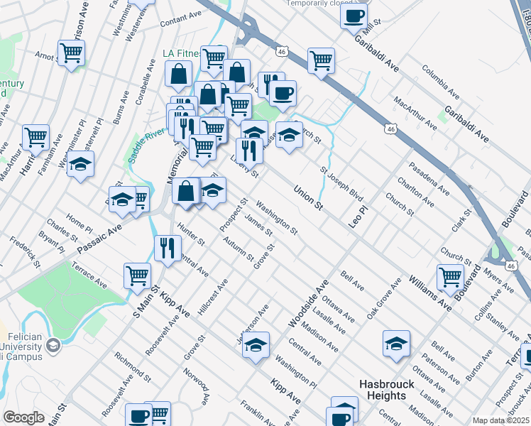 map of restaurants, bars, coffee shops, grocery stores, and more near 108 Washington Street in Lodi