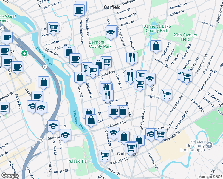 map of restaurants, bars, coffee shops, grocery stores, and more near 13 Summit Avenue in Garfield